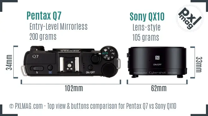 Pentax Q7 vs Sony QX10 top view buttons comparison