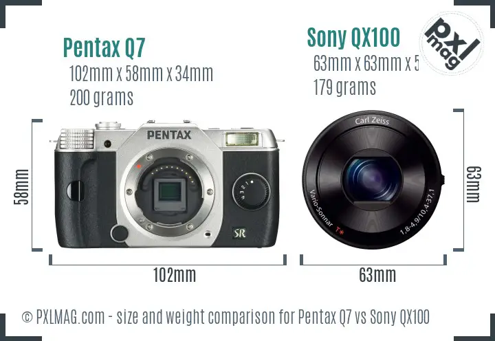 Pentax Q7 vs Sony QX100 size comparison