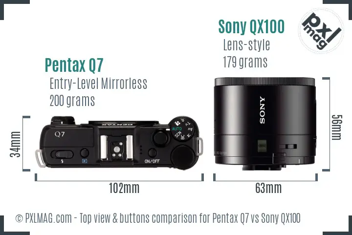 Pentax Q7 vs Sony QX100 top view buttons comparison