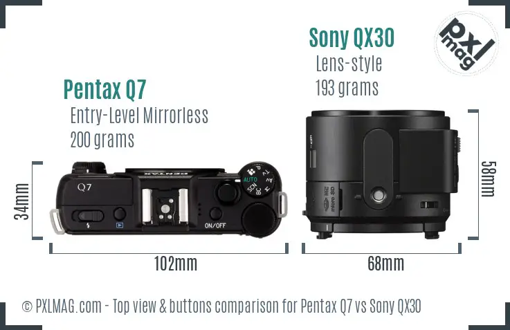 Pentax Q7 vs Sony QX30 top view buttons comparison