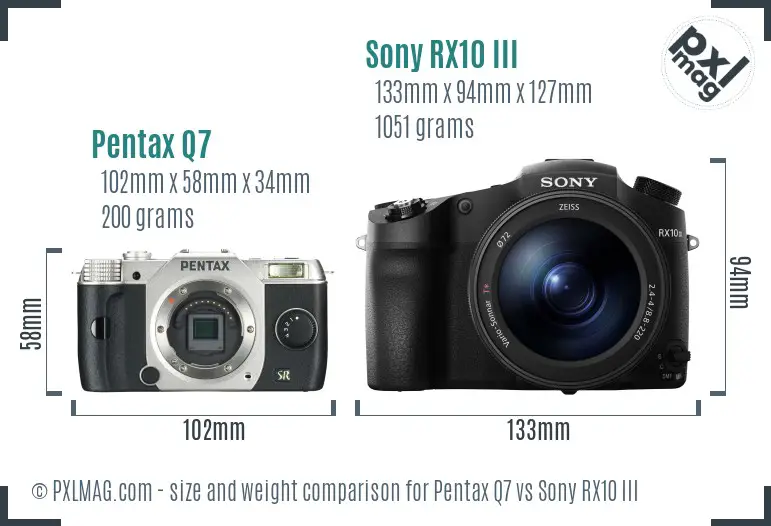 Pentax Q7 vs Sony RX10 III size comparison