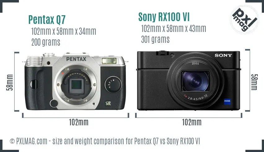 Pentax Q7 vs Sony RX100 VI size comparison