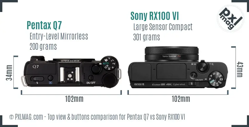 Pentax Q7 vs Sony RX100 VI top view buttons comparison