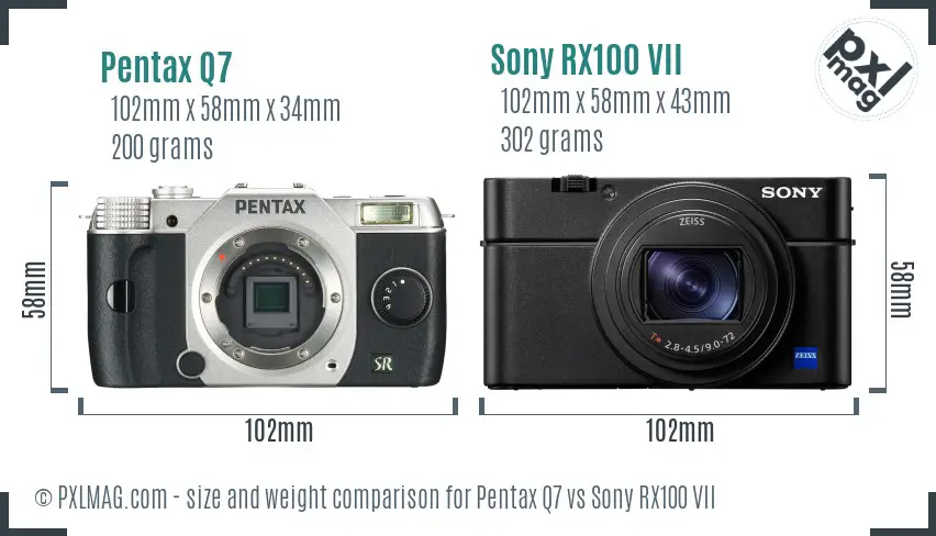 Pentax Q7 vs Sony RX100 VII size comparison