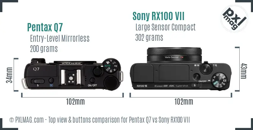 Pentax Q7 vs Sony RX100 VII top view buttons comparison
