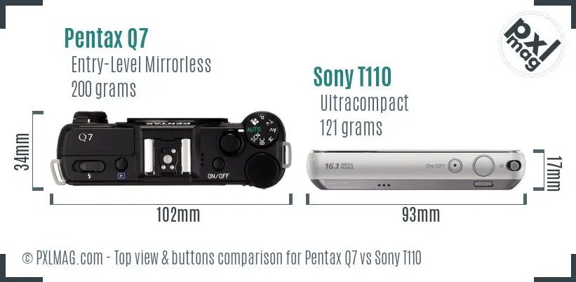 Pentax Q7 vs Sony T110 top view buttons comparison