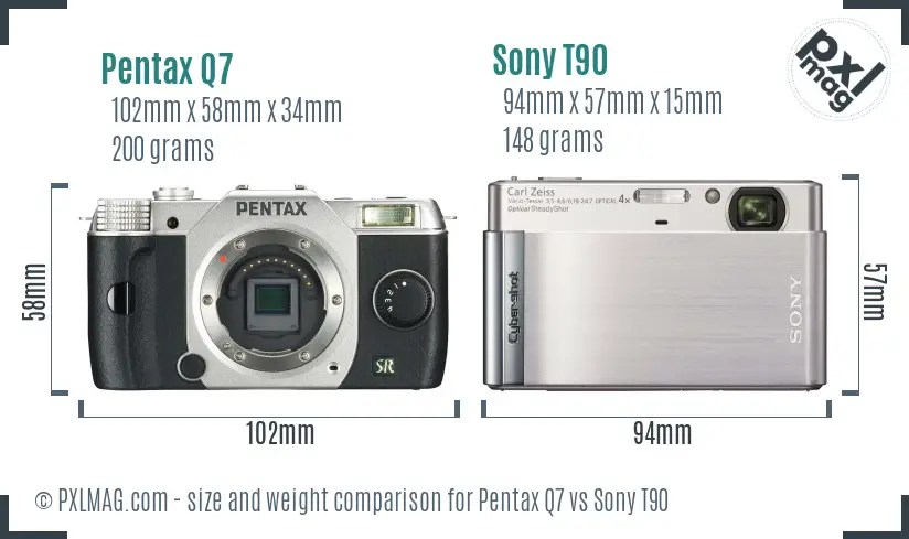 Pentax Q7 vs Sony T90 size comparison