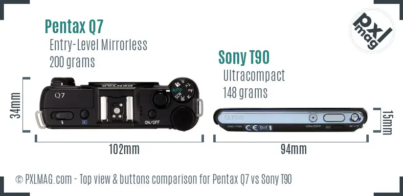 Pentax Q7 vs Sony T90 top view buttons comparison