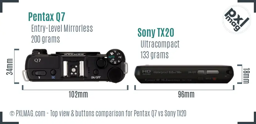 Pentax Q7 vs Sony TX20 top view buttons comparison