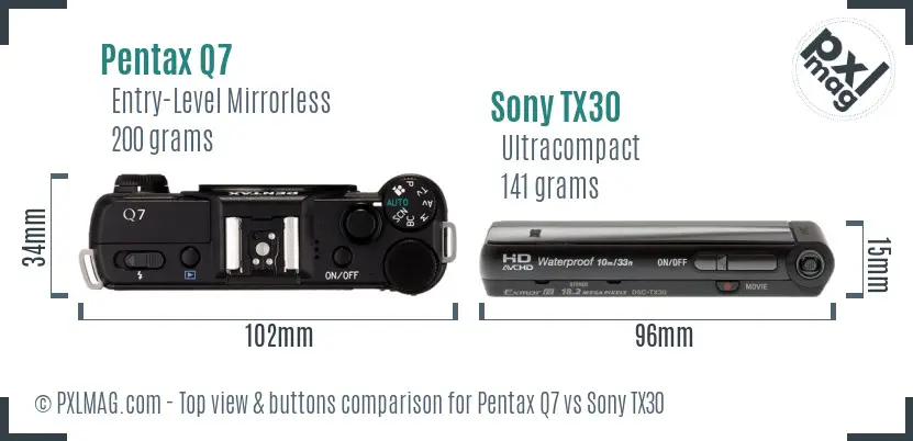 Pentax Q7 vs Sony TX30 top view buttons comparison