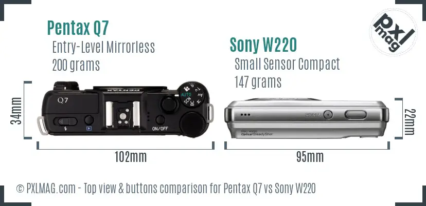 Pentax Q7 vs Sony W220 top view buttons comparison