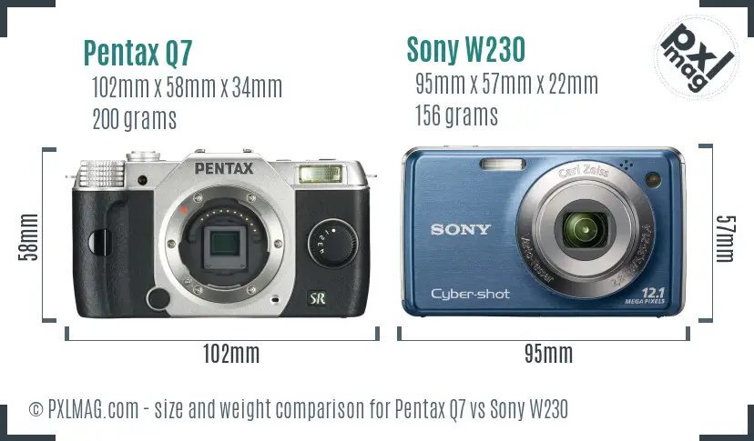 Pentax Q7 vs Sony W230 size comparison