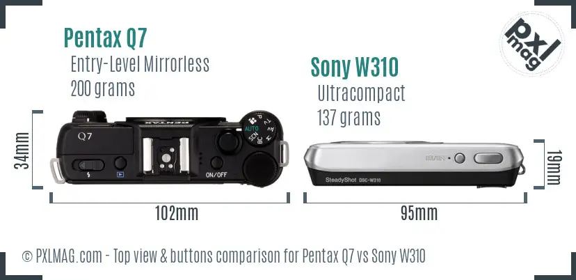 Pentax Q7 vs Sony W310 top view buttons comparison