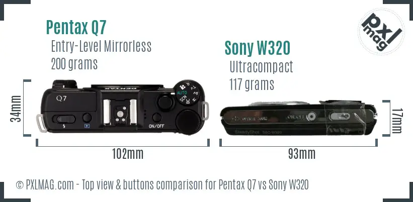 Pentax Q7 vs Sony W320 top view buttons comparison