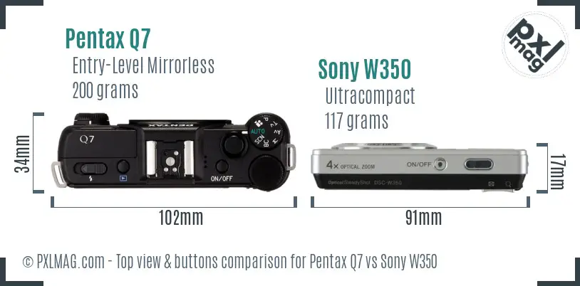 Pentax Q7 vs Sony W350 top view buttons comparison