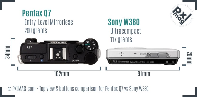 Pentax Q7 vs Sony W380 top view buttons comparison