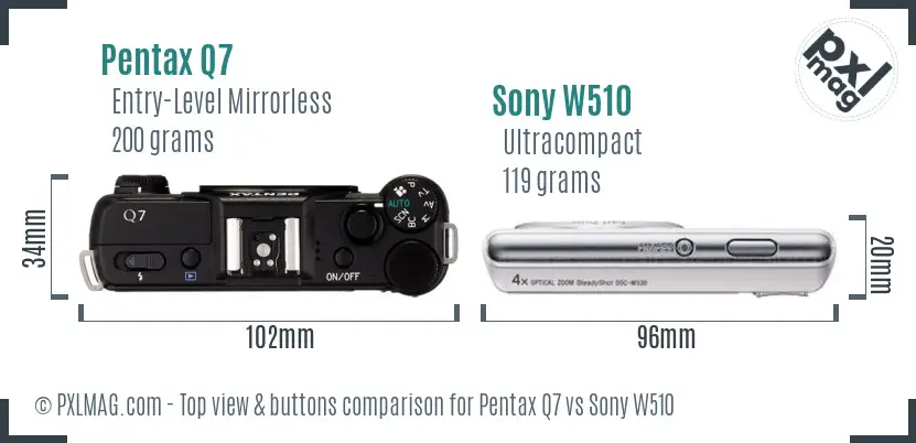 Pentax Q7 vs Sony W510 top view buttons comparison
