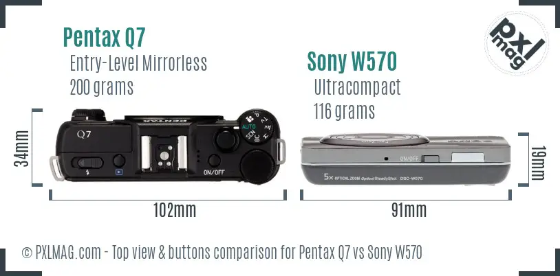 Pentax Q7 vs Sony W570 top view buttons comparison