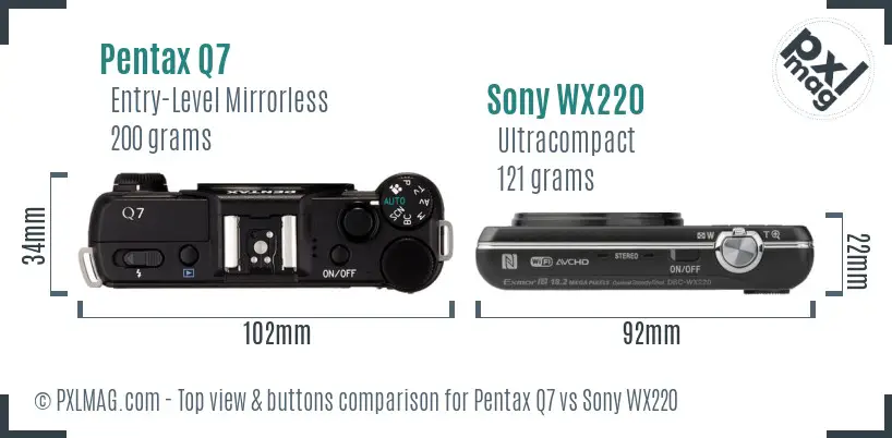 Pentax Q7 vs Sony WX220 top view buttons comparison