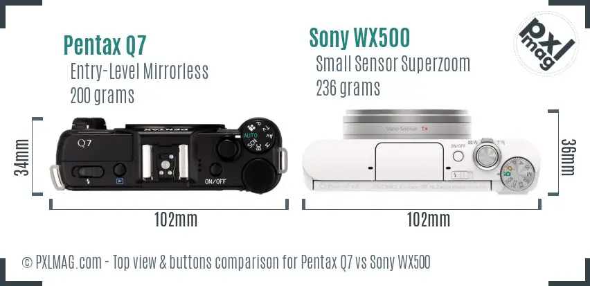 Pentax Q7 vs Sony WX500 top view buttons comparison