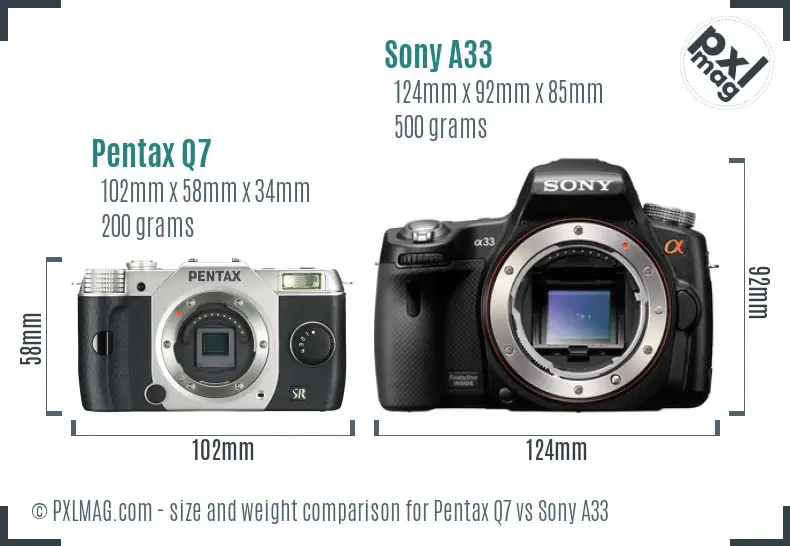 Pentax Q7 vs Sony A33 size comparison