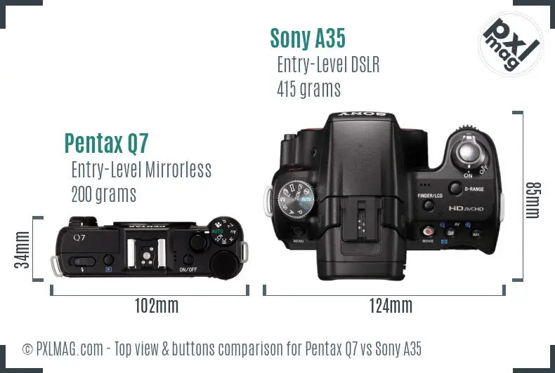 Pentax Q7 vs Sony A35 top view buttons comparison