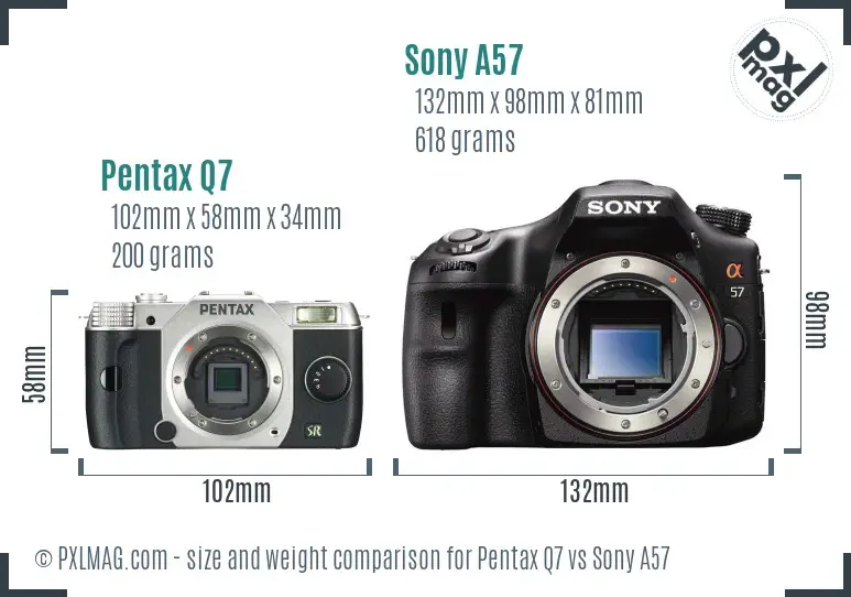 Pentax Q7 vs Sony A57 size comparison