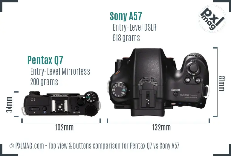 Pentax Q7 vs Sony A57 top view buttons comparison