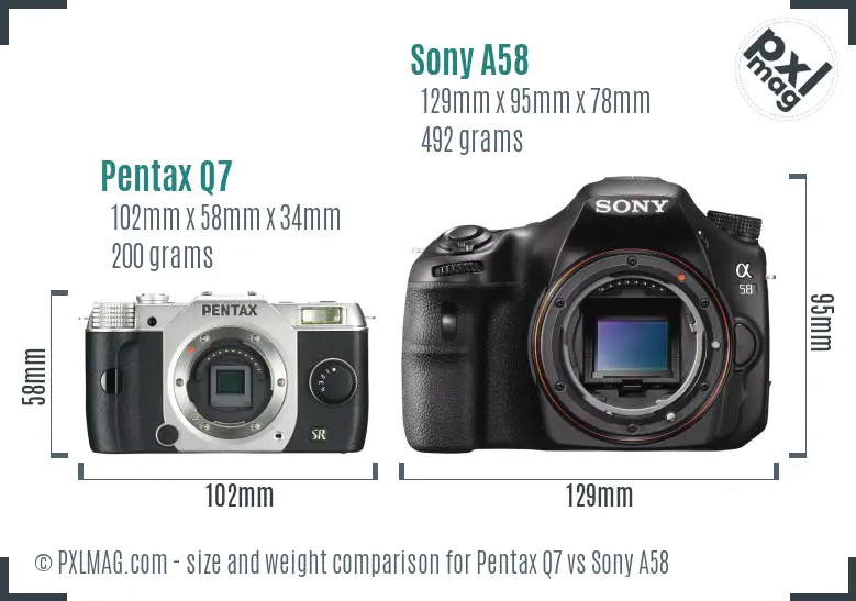 Pentax Q7 vs Sony A58 size comparison