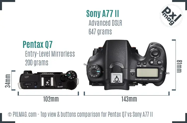 Pentax Q7 vs Sony A77 II top view buttons comparison