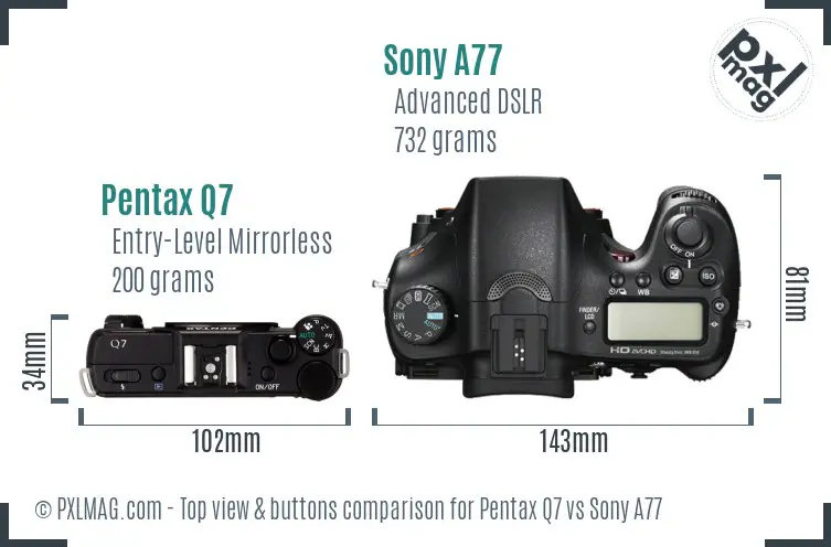 Pentax Q7 vs Sony A77 top view buttons comparison