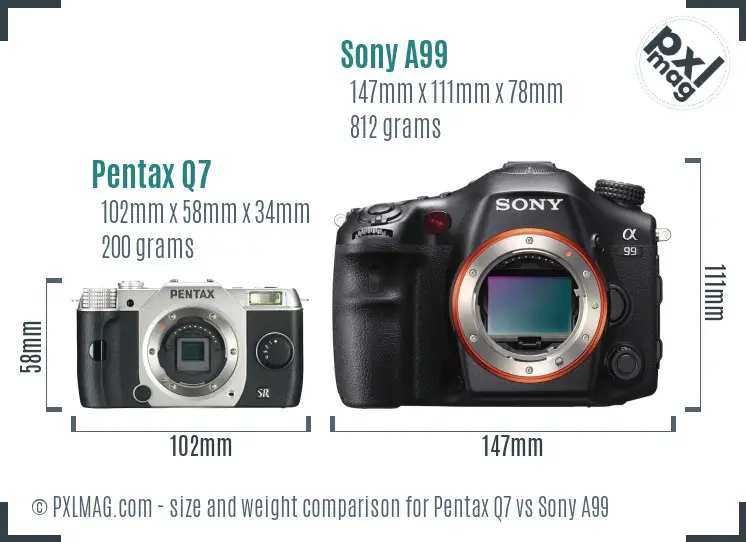 Pentax Q7 vs Sony A99 size comparison