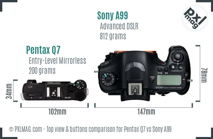 Pentax Q7 vs Sony A99 top view buttons comparison