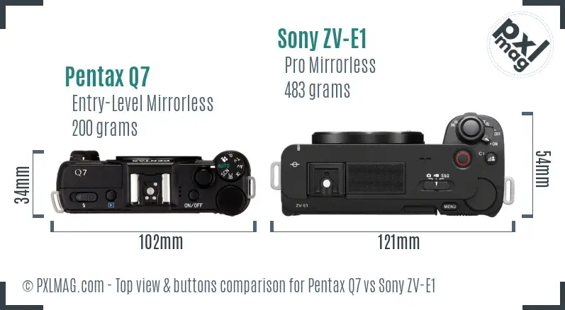Pentax Q7 vs Sony ZV-E1 top view buttons comparison Pentax Q7 vs Sony ZV-E1 top view buttons comparison