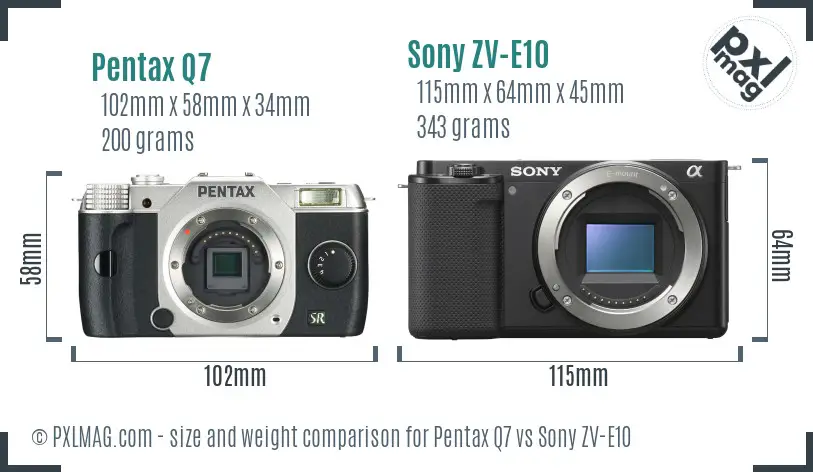 Pentax Q7 vs Sony ZV-E10 size comparison