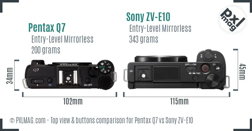 Pentax Q7 vs Sony ZV-E10 top view buttons comparison