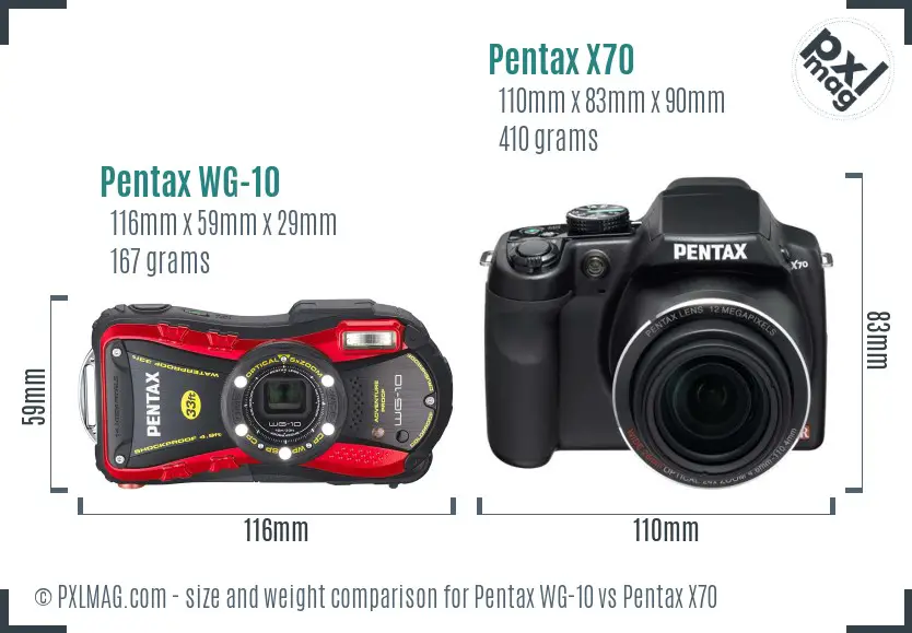 Pentax WG-10 vs Pentax X70 size comparison