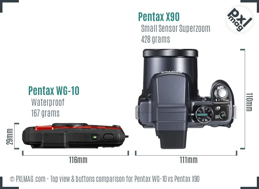 Pentax WG-10 vs Pentax X90 top view buttons comparison