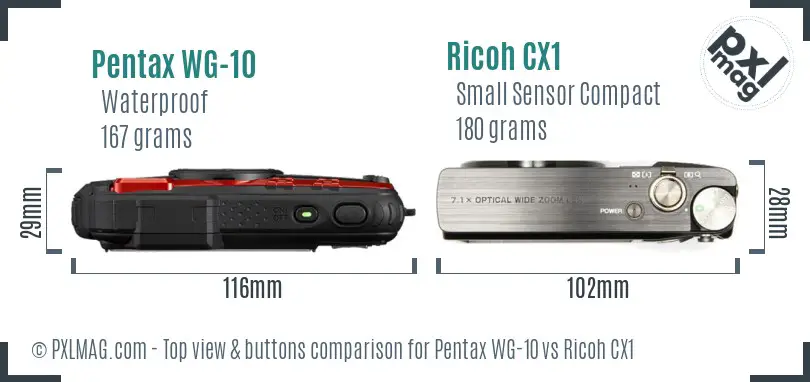 Pentax WG-10 vs Ricoh CX1 top view buttons comparison