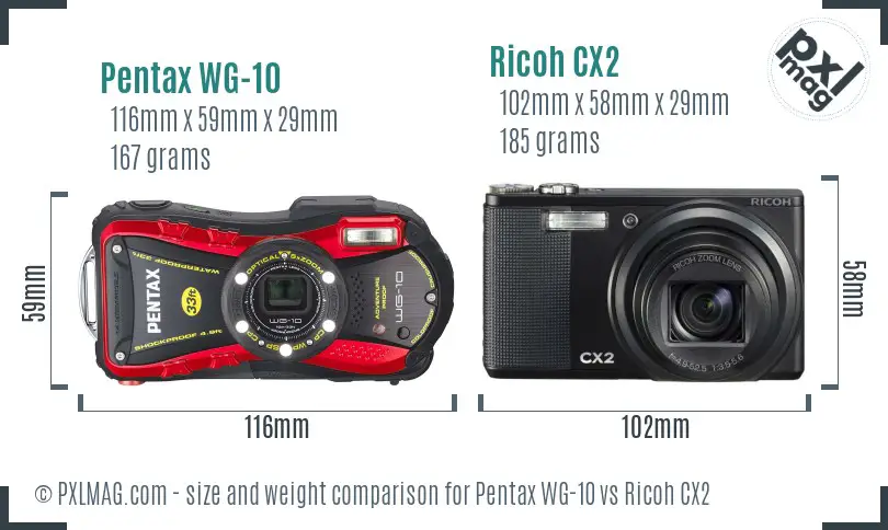 Pentax WG-10 vs Ricoh CX2 size comparison