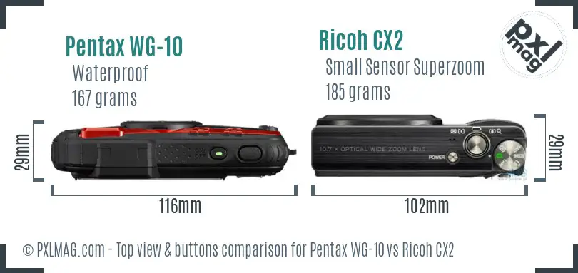 Pentax WG-10 vs Ricoh CX2 top view buttons comparison