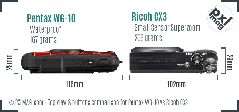 Pentax WG-10 vs Ricoh CX3 top view buttons comparison