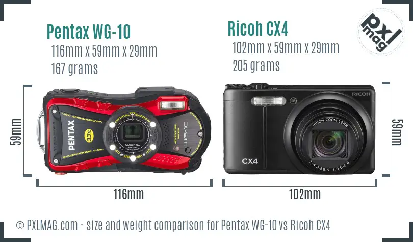 Pentax WG-10 vs Ricoh CX4 size comparison