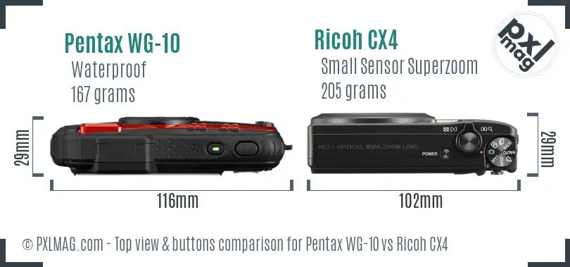 Pentax WG-10 vs Ricoh CX4 top view buttons comparison