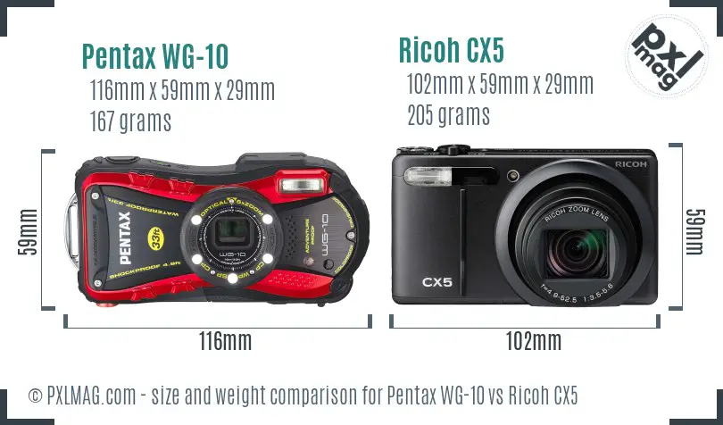 Pentax WG-10 vs Ricoh CX5 size comparison
