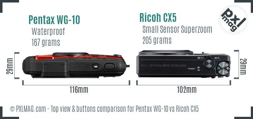 Pentax WG-10 vs Ricoh CX5 top view buttons comparison