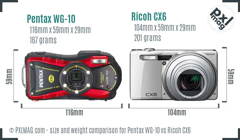 Pentax WG-10 vs Ricoh CX6 size comparison