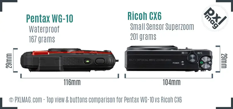 Pentax WG-10 vs Ricoh CX6 top view buttons comparison
