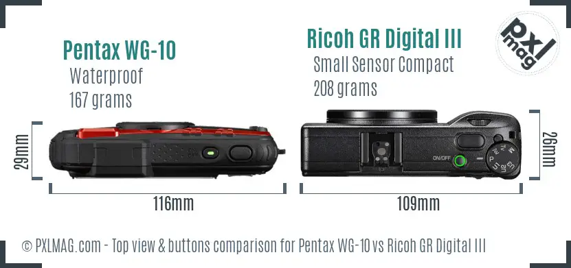 Pentax WG-10 vs Ricoh GR Digital III top view buttons comparison