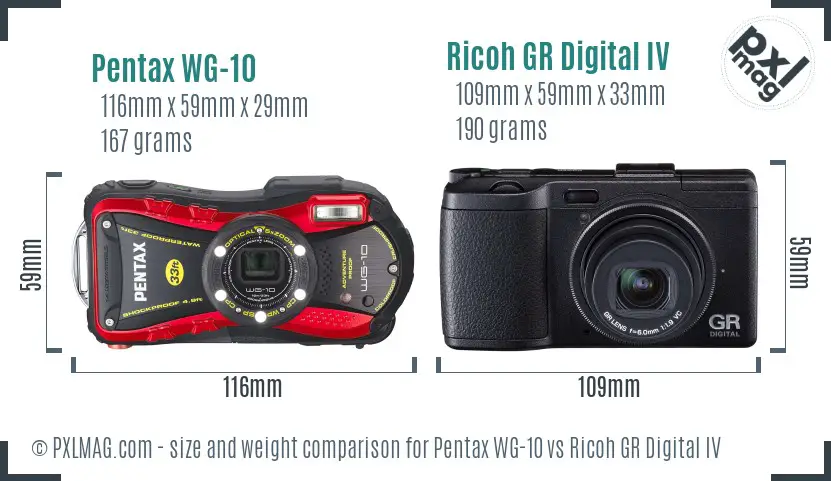Pentax WG-10 vs Ricoh GR Digital IV size comparison